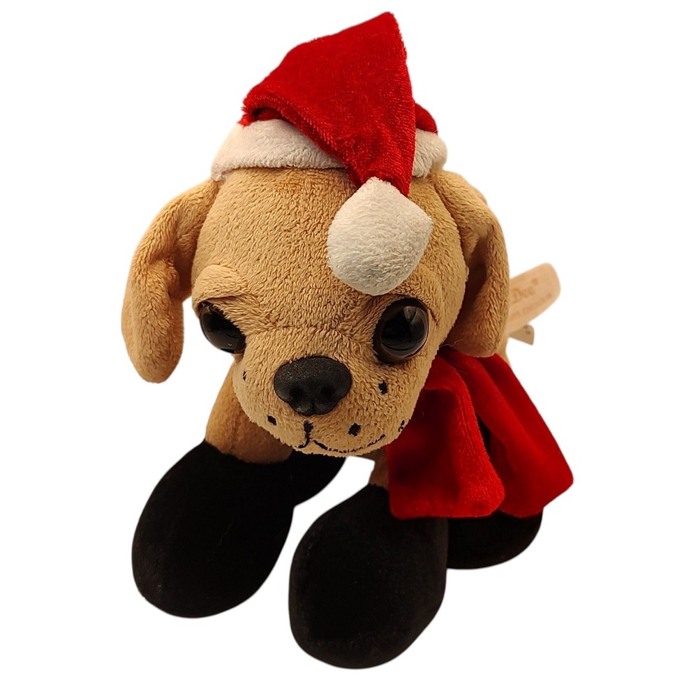 Vintage Dan Dee Plush Bulldog Puppy Toy Christmas Eyes Red Hat and‎ Scarf 2000